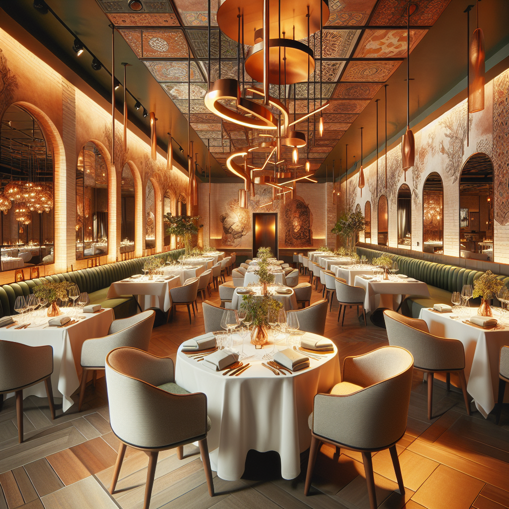 Fusion Restaurant elegant dining room with warm lighting